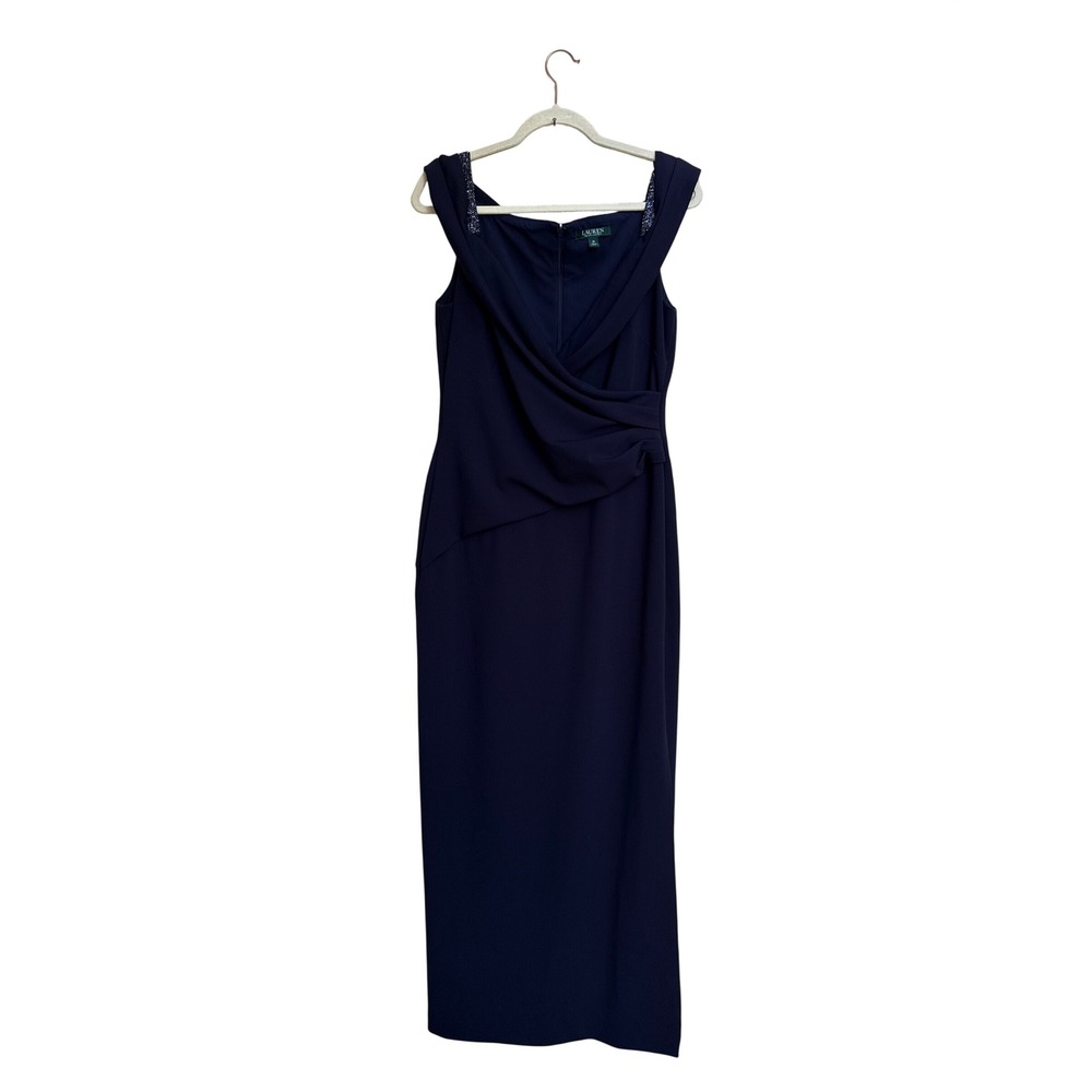 Lauren Ralph Lauren Navy Off Shoulder Beaded Strap Evening Gown Dress Size 10